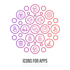 Icons for mobile app development. Thin line icons: messenger, sound off, sound on, music, lock, unlock, settings, remove, swipe, click, tap, search, add new document. Vector illustration.