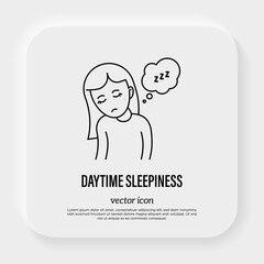 Daytime sleepiness, insomnia. Tired girl wants to sleep. Thin line icon. Vector illustration.