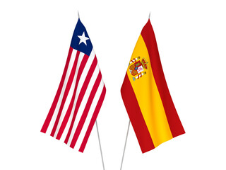 National fabric flags of Spain and Liberia isolated on white background. 3d rendering illustration.