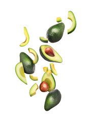 Sliced and whole avocado in flight on a white background