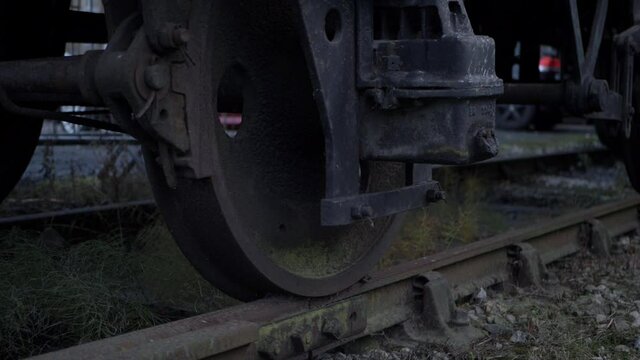 Train wheel on the track close up  low panning shot