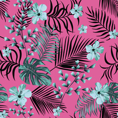 Exotic abstract blue hibiscus flowers and tropical leaves seamless vector pattern on pink background