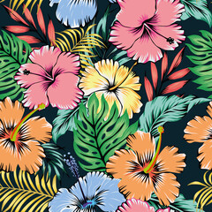Vivid summer illustration cartoon vector style seamless pattern hibiscus flowers and tropical leaves on black background - 395299024