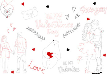 Set of hand drawn St. Valentine's Day design elements. Heart, bear, text, hands, couples, love, be my valentine. Perfect for coloring books. Black and red contour on the white background.