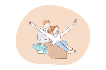 Love, couple in relationship, togetherness concept. Happy young loving couple cartoon characters having fun during relocating to new apartment together and unpacking things at home illustration 
