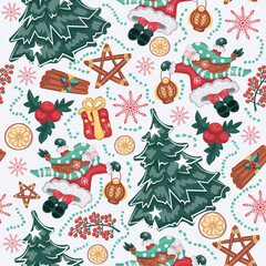 Christmas pattern, winter background with elf and xmas tree. Scandinavian Yule seamless pattern.