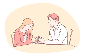 Proposal, engagement, couple togetherness concept. Young loving happy boyfriend cartoon character sitting and making proposal with ring in box to surprised girlfriend. Couple enjoying time together 