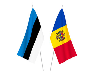 National fabric flags of Moldova and Estonia isolated on white background. 3d rendering illustration.
