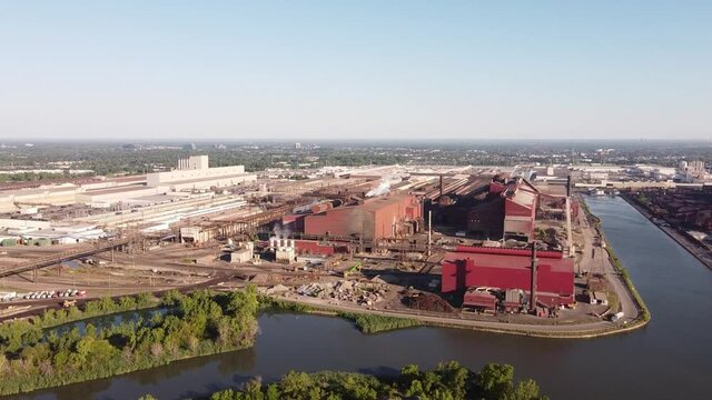 Industrial Plants Operating At Daytime - Ford And AK Steel Caster At Rouge River, Detroit - aerial drone