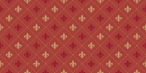 Crimson red and beige Fleur De Lis luxury pattern. Royal ornamental seamless background.