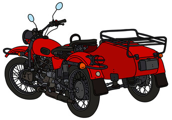 The vectorized hand drawing of a retro red sidecar