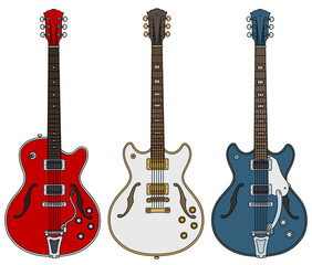 The vectorized hand drawing of three retro electric guitars