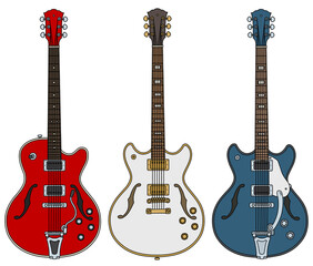 Naklejka premium The vectorized hand drawing of three retro electric guitars