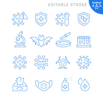 Coronavirus related icons. Editable stroke. Thin vector icon set