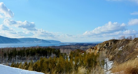 Panorama of Zhiguli mountains and Volga river on a winter day
