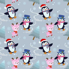 Cute cartoon penguin and deer in winter seamless pattern