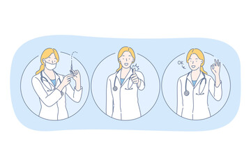 Healthcare, doctor showing signs, medicine concept. Young woman doctor in uniform cartoon character holding syringe and expressing good sign and right choice in vaccination with hands 