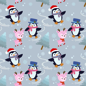 Cute cartoon penguin and deer in winter seamless pattern