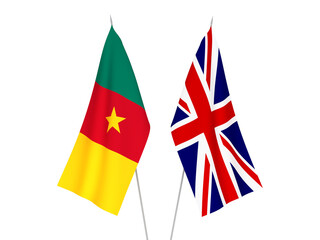 Obraz na płótnie Canvas National fabric flags of Great Britain and Cameroon isolated on white background. 3d rendering illustration.