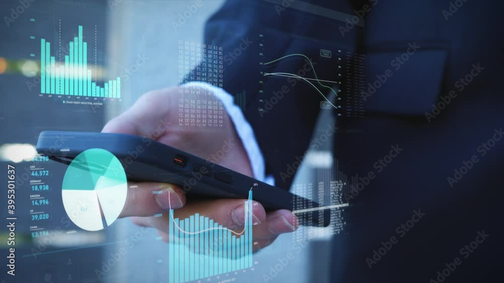 Poster businessman in dark suit is working on his smartphone looking at digital data, graphs and diagrams s