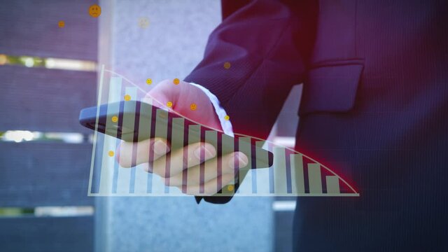 Businessman working on his smartphone gets bad news. Sad emojis fly off the screen, negative graph shows loss in market, world economy down stock crisis, red price drop down chart