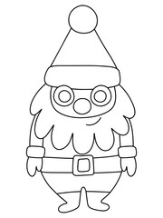 Funny smiling Xmas gnome coloring page for kids vector. Fantasy helper dwarf with holiday costume black outline isolated on white. Cartoon full length Christmas gnome character. One of a series