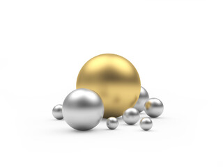 Large golden ball and silver spheres of various sizes isolated on white. 3d illustration