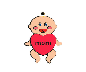 Newborn baby holding a red heart. Vector illustration.