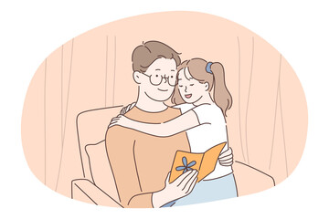 Family care, fatherhood, fathers day concept. Man father daddy coach parent sitting with daughter on knees and reading book together at home. Fathers day, love, care, dad vector illustration