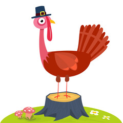 Cartoon funny turkey bird character for Thanksgiving illustration. Vector isolated