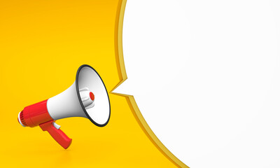 Red megaphone on yellow background and round bubble message. template. 3d render - obrazy, fototapety, plakaty