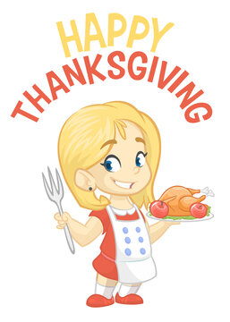 Cartoon cute little blond girl in apron serving roasted thanksgiving turkey. Vector poster illustration. Thanksgiving design