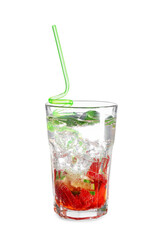 Glass of fresh strawberry mojito cocktail on white background