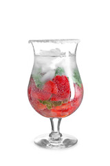 Glass of fresh strawberry mojito cocktail on white background