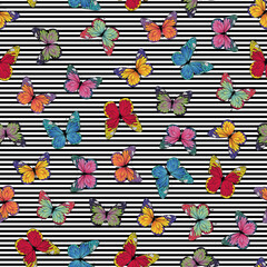 Obraz premium Seamless vector pattern with colorful butterflies on stripe background