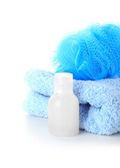 Composition with bath accessories and cosmetics bottle on white  background