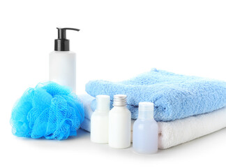 Obraz na płótnie Canvas Composition with bath accessories and cosmetics on white background
