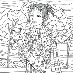 Fototapeta na wymiar Girl cares about birds. Woman feeds sparrow in park. Seasonal illustration about nature. Coloring book page for adults.