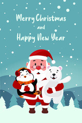Merry Christmas and Happy New Year greetings.
Santa Claus, penguin and polar bear on a winter background with a Christmas tree.