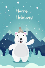 Polar bear on a winter background.
Wish you happy holidays. For postcards, flyers, banners and websites.