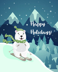 Happy Holidays. Cute polar bear on skis on the background of a winter landscape.
Vector illustration