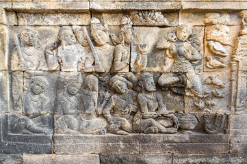 Bas-relief statue at Borobudur, a 9th-century Mahayana Buddhist temple in Central Java