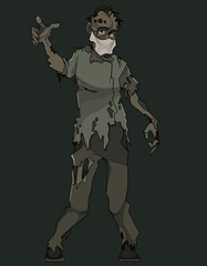 cartoon zombie man in torn clothes with a medical mask on his face pulls his hand forward