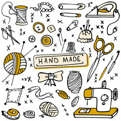 Set of hand-drawn craft supplies and tools. Doodle design elements isolated on white background. Vector illustration