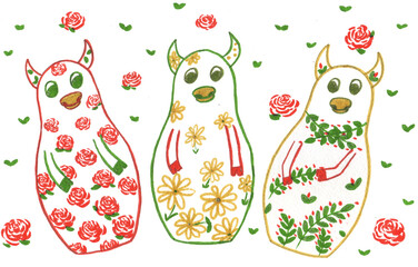 Bull matryoshka symbolizing summer. series of seasons.