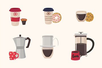 Cute Set of coffee drinks with desserts. Hand-drawn coffee illustrations for cafes or kitchens. Clipart for cappuccino, morning, latte, espresso, Black, muffin, donut, American flat-style cookies