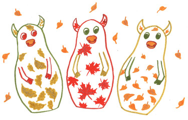 Bulls matryoshka, symbolizing autumn. A series of seasons.