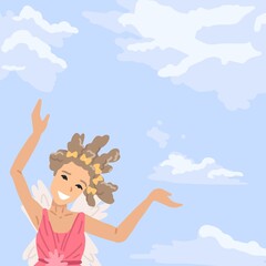 Little child, girl in fairy dress, an angel with wings in sky, stands shows, symbol of the fulfillment of dream, flight in sky. Vector illustration