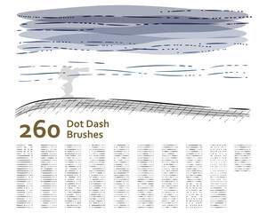 Set of 260 unique dot-dash sketch art brushes for illustrator, technical drawing, retro, vintage design, shading, engraved, hatching, water effect, lino cut, outline. Created using AI CS6.