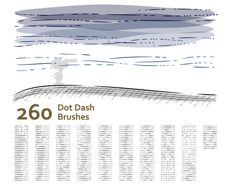 Set Of 260 Unique Dot-dash Sketch Art Brushes For Illustrator, Technical Drawing, Retro, Vintage Design, Shading, Engraved, Hatching, Water Effect, Lino Cut, Outline. Created Using AI CS6.